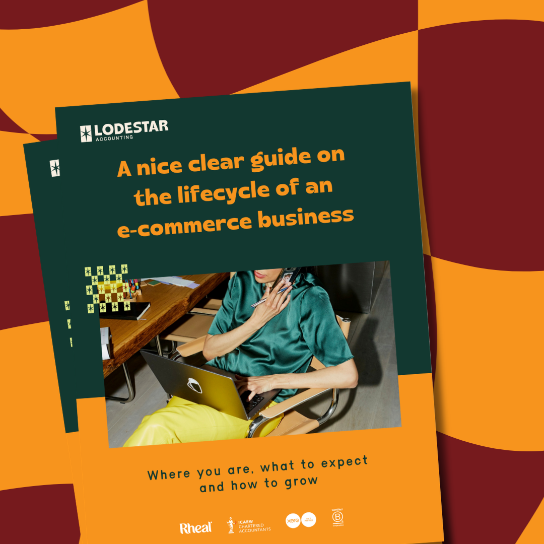 Brochure titled 'A nice clear guide on the lifecycle of an e-commerce business' with the subtitle 'Where you are, what to expect and how to grow', featuring a woman sitting at a desk with a laptop and talking on the phone.
