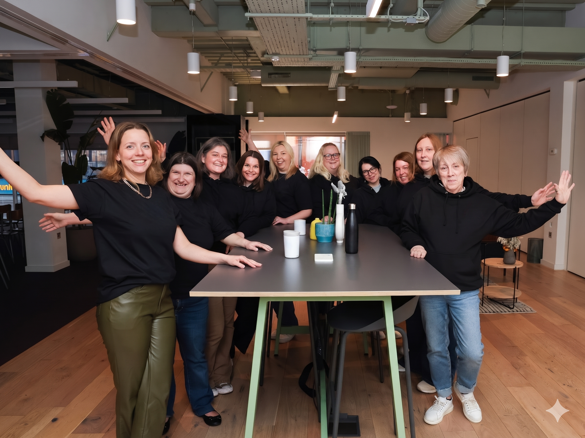 A group of ten women standing behind a table in an indoor setting, smiling and raising their arms. The table has various items including vases, bottles, and cups. The background shows a modern interior with ceiling lights and ductwork.