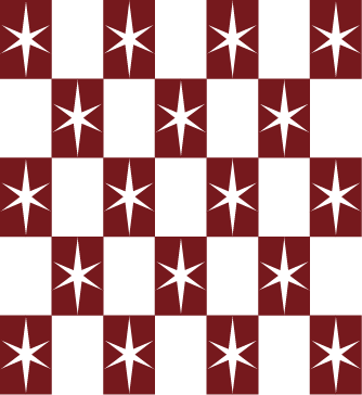 Red and black checkered chessboard with black star-like shapes in the center of each square.