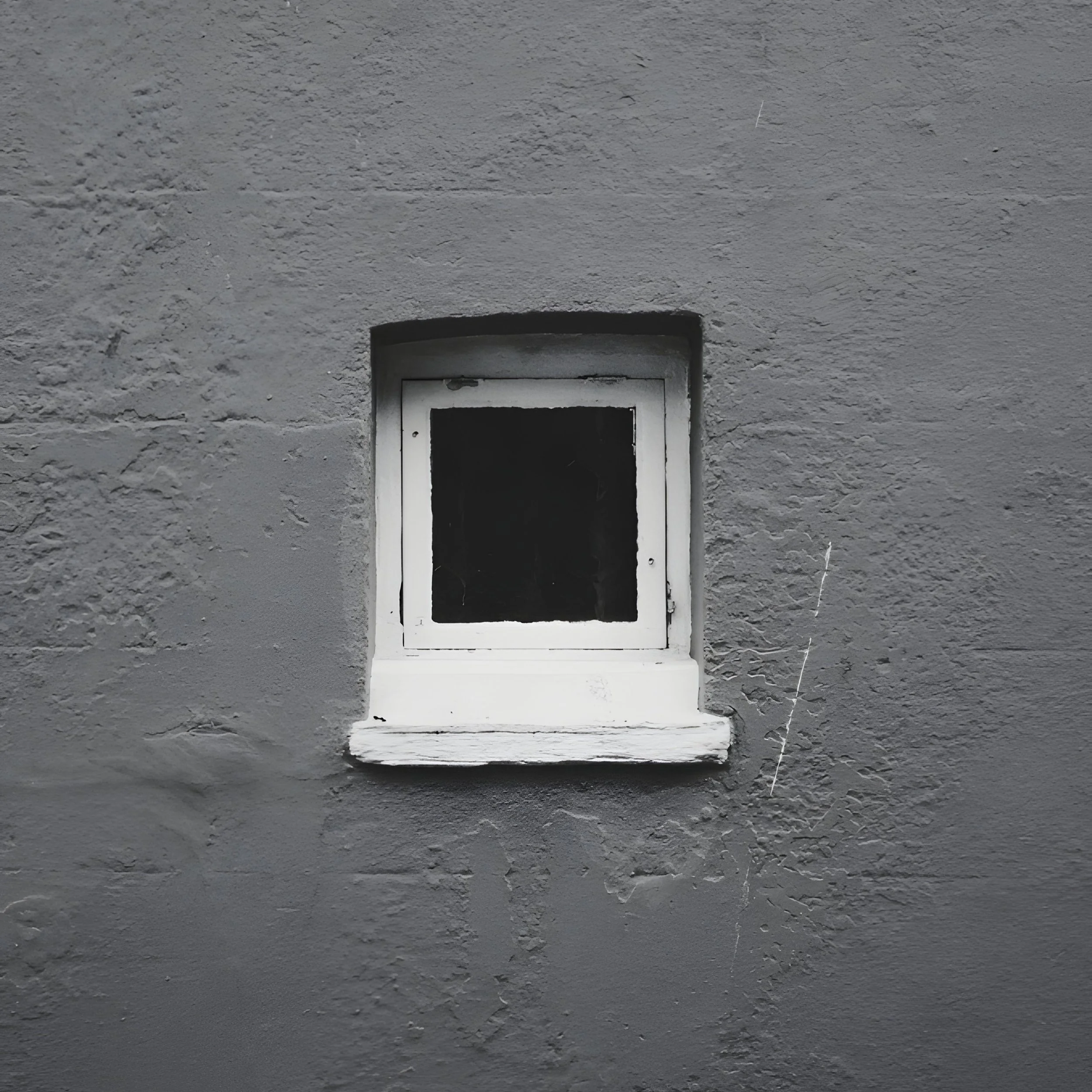 A small, rectangular, white-framed vent or electrical box on a rough, gray concrete wall.