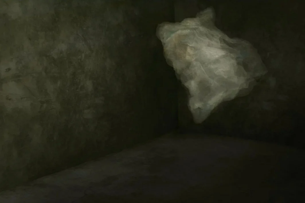 Dark room with concrete walls and floor, featuring a large, jagged rock suspended in midair.