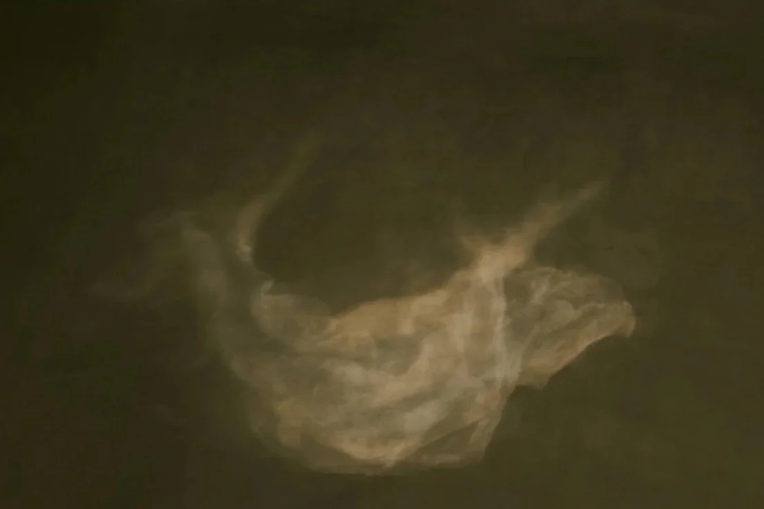 A dark background with a swirling cloud of light-colored smoke or mist.