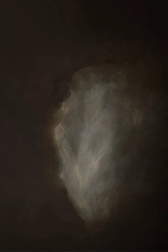Abstract image with a dark background and a central, irregular, light-colored formation that appears textured and layered.