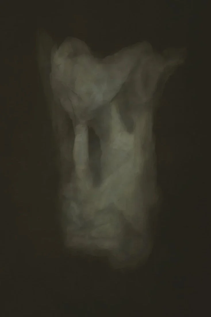 A dark background with a foggy, abstract sculpture resembling a human face.