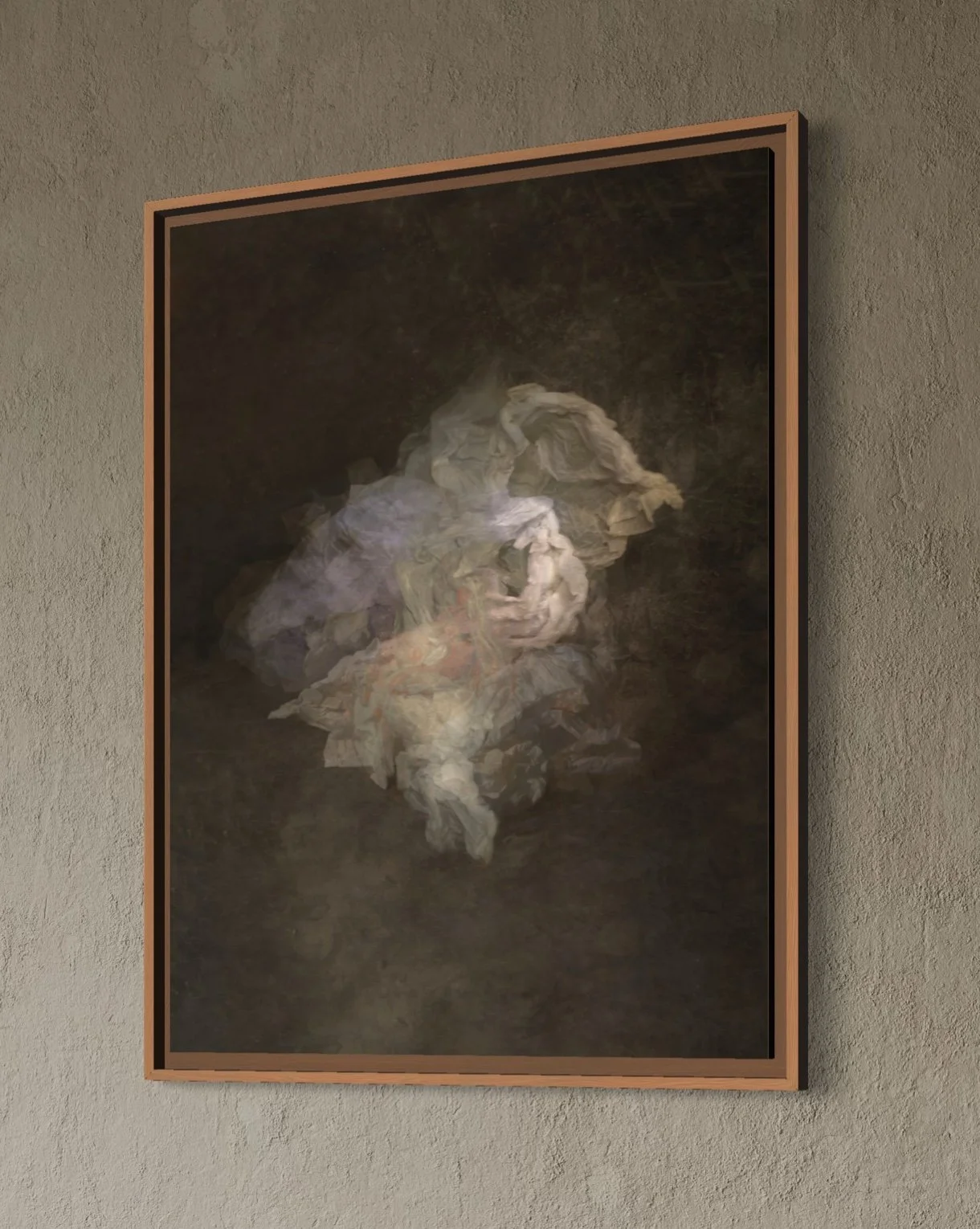 An abstract painting with swirling shades of white, beige, and gray on a dark background, framed and hung on a textured wall.