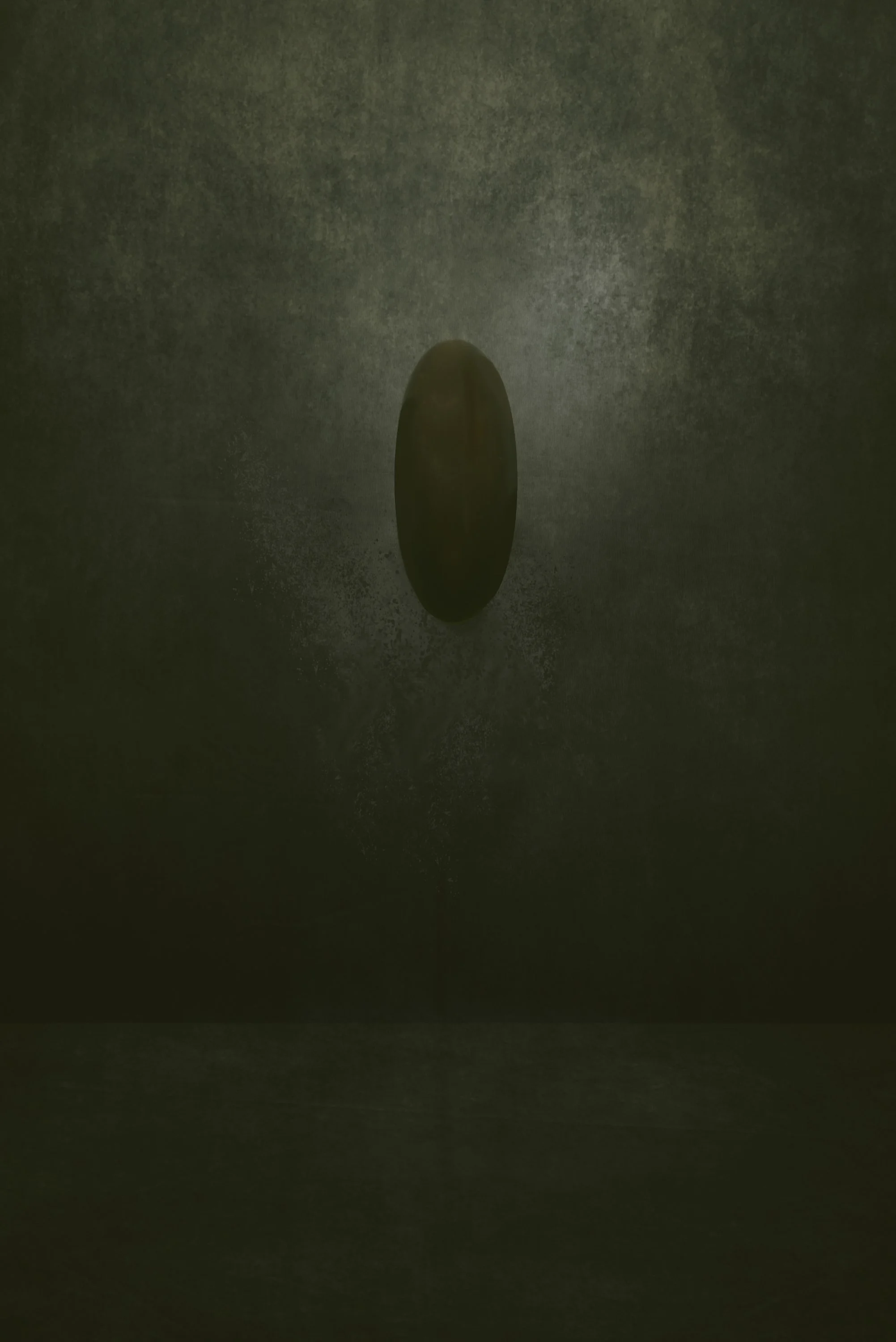 A dark, metallic surface with a single, elongated oval-shaped indentation in the center.