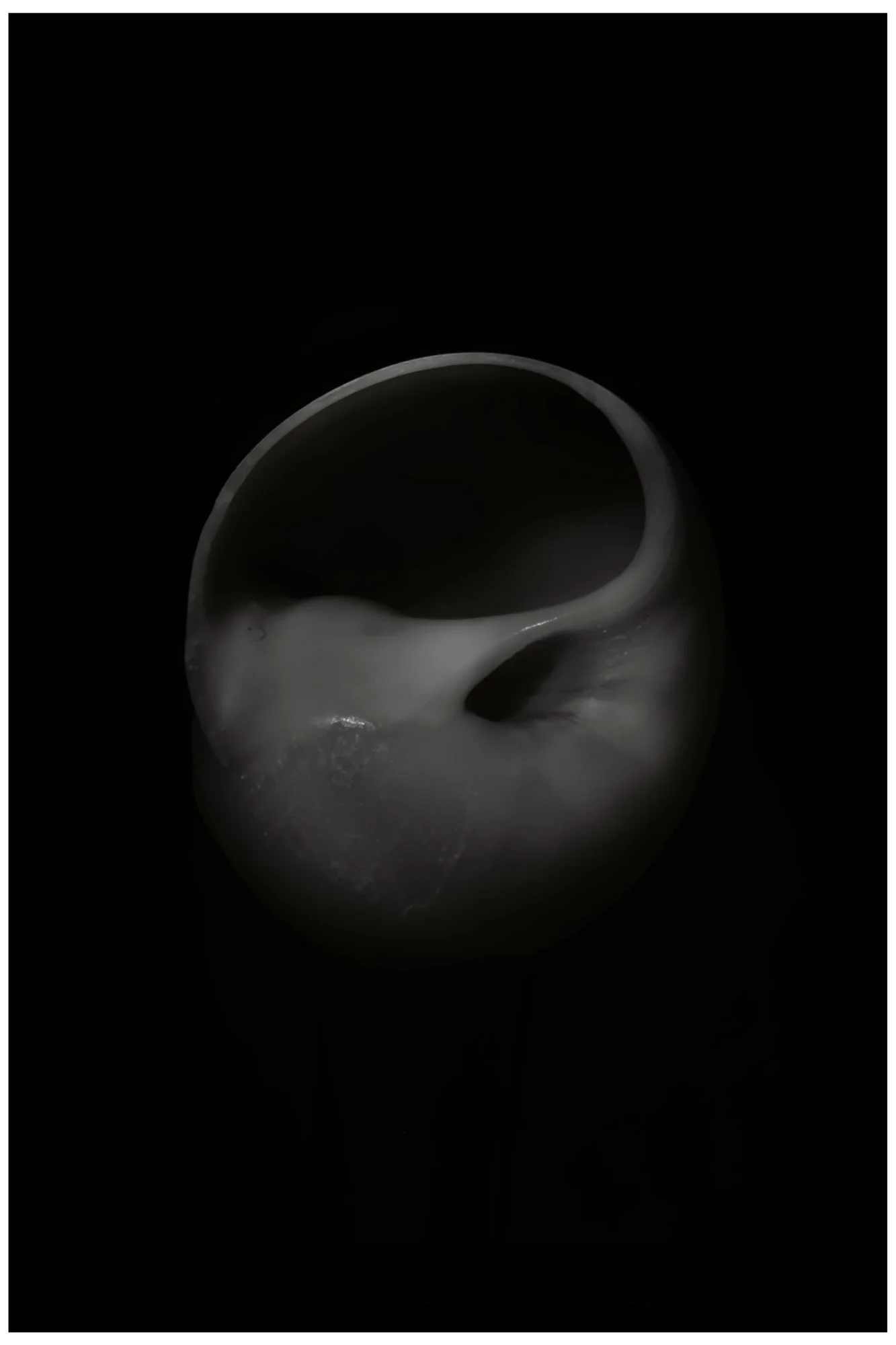 Black and white photo of a ceramic coffee cup with a curved handle, placed on a dark surface against a dark background.