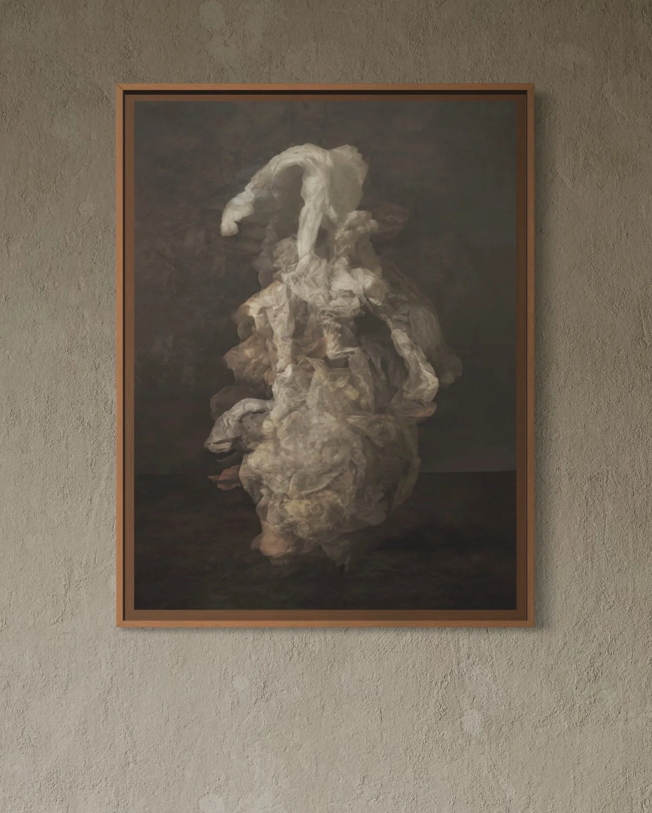 Painting of a swirling cloud of white smoke or steam with a dark background, framed in wood, hung on a beige textured wall.