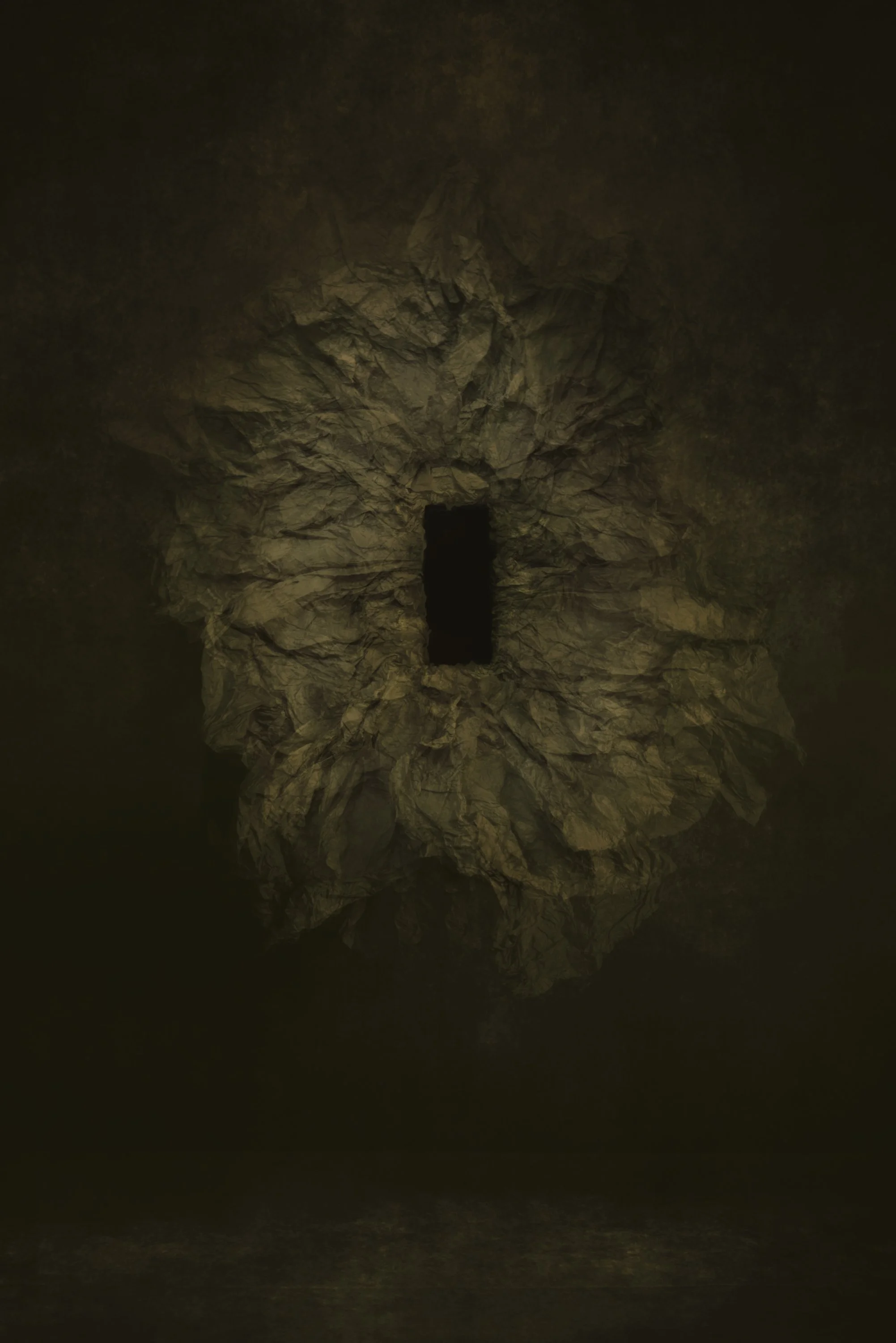 A dark, rocky cave with a small opening at the far end, reflected in a calm, black water surface.