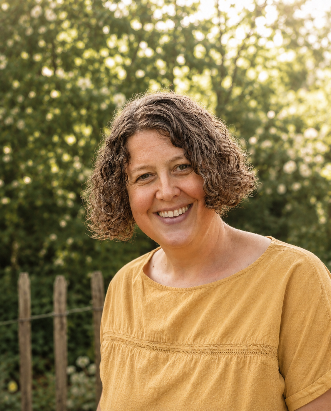 A woman (me) with dark curly hair and a round-necked yellow top.  The background is woodlands - green leaves.