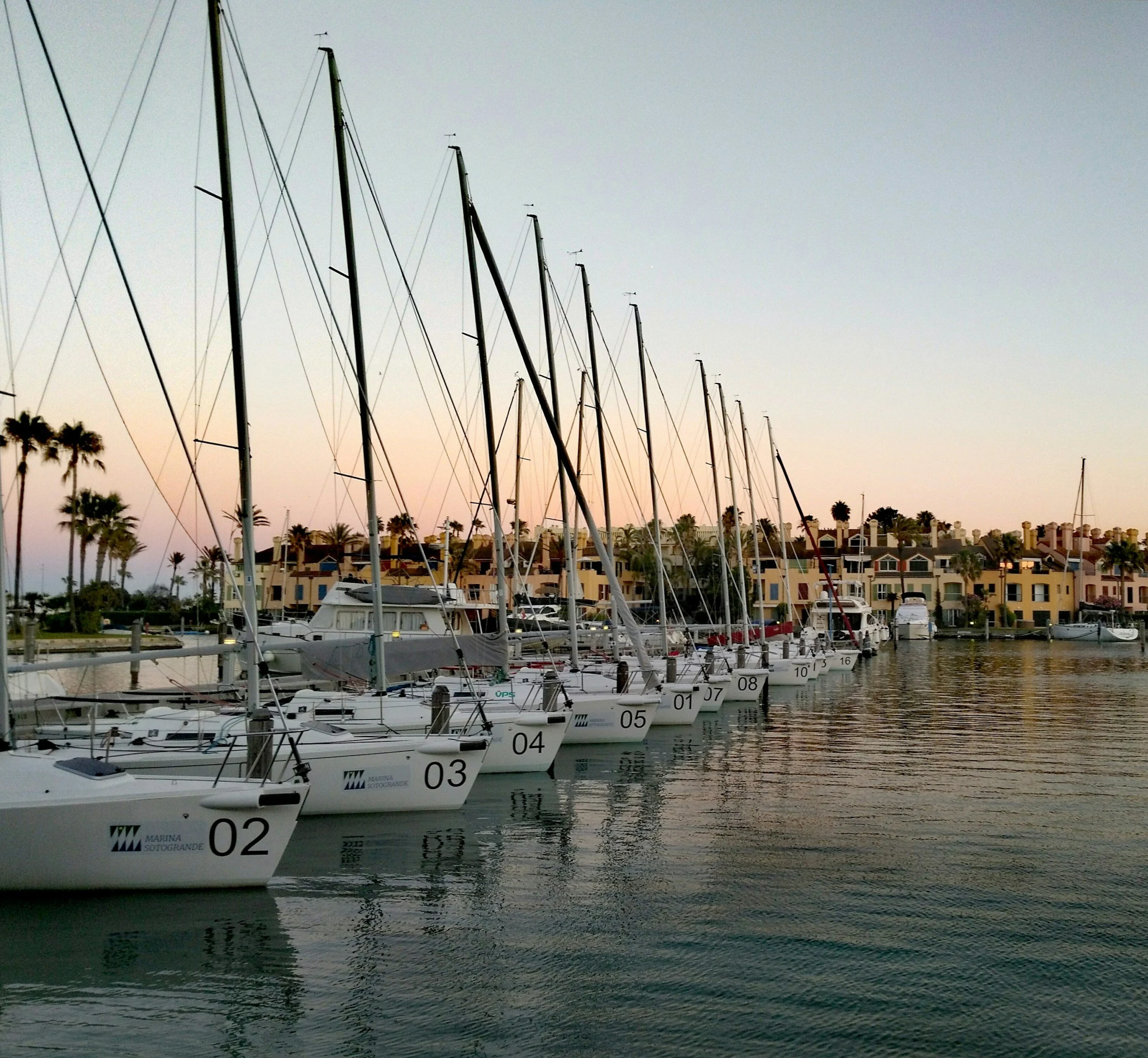 A marina with sailboats docked, numbered and labeled, with colorful buildings and palm trees in the background at sunset.