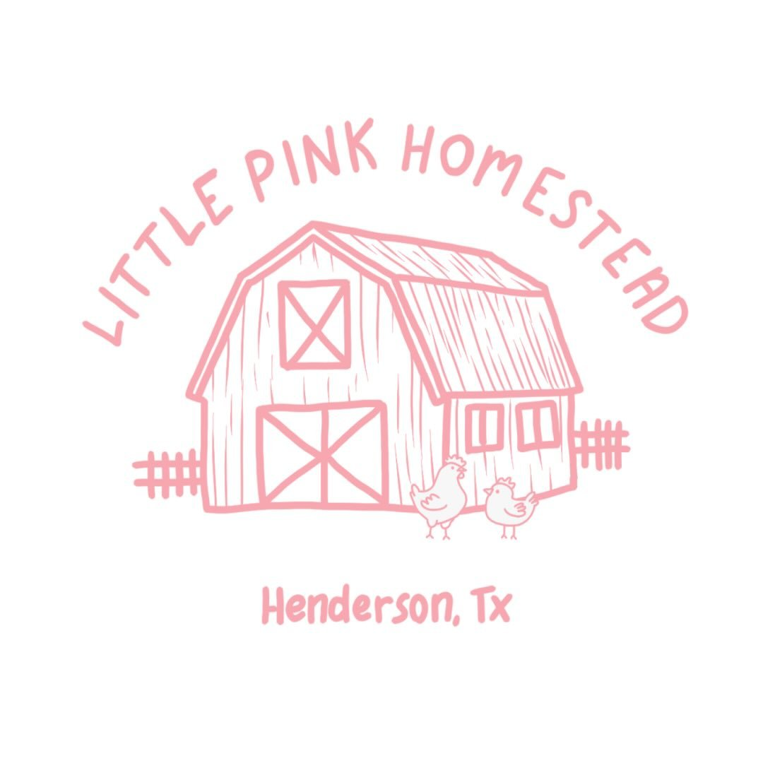 A pink illustration of a barn with two chickens outside, surrounded by a fence, and the text 'Little Pink Homestead Henderson, TX' above and below.