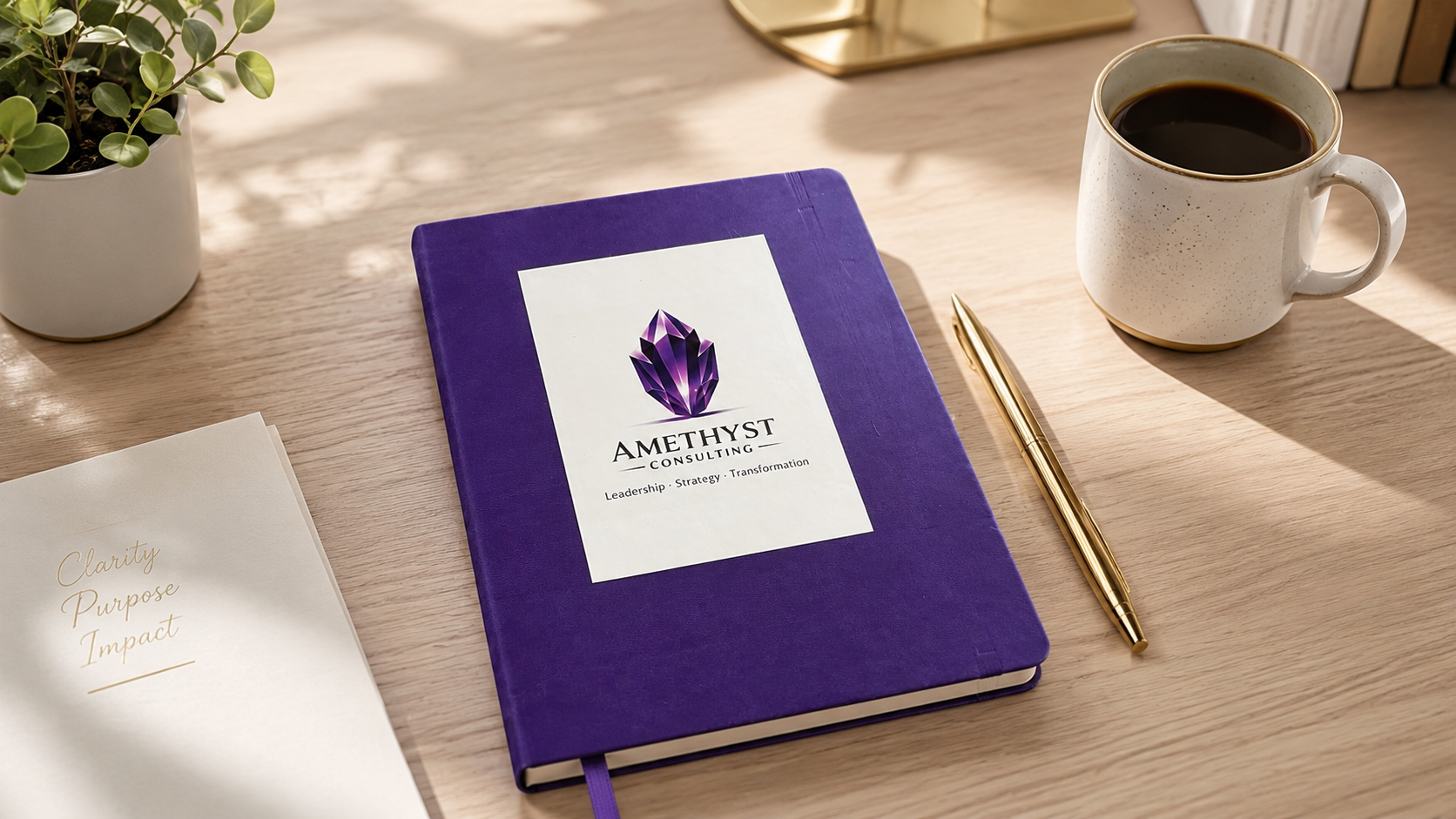 A workspace with a purple notebook labeled 'Amethyst Consulting' featuring a purple gemstone logo, a gold pen, a white mug of black coffee, an open notebook with handwritten notes, and a small potted plant on a wooden desk.