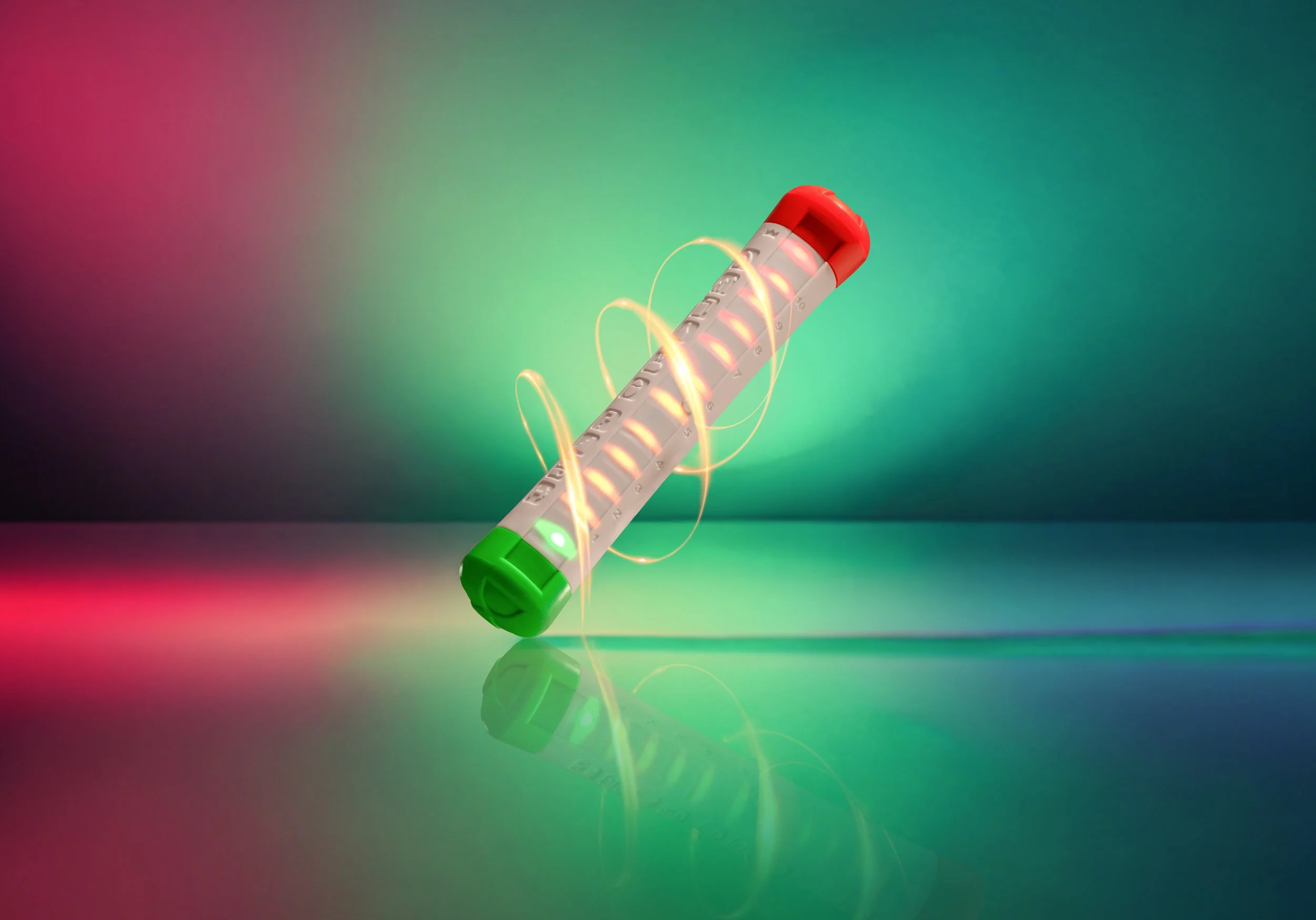 A medical testing device with a row of lit windows, a red top, and a green bottom, floating against a colorful gradient background with pink and green hues. Light trails encircle the device, creating a glowing effect.