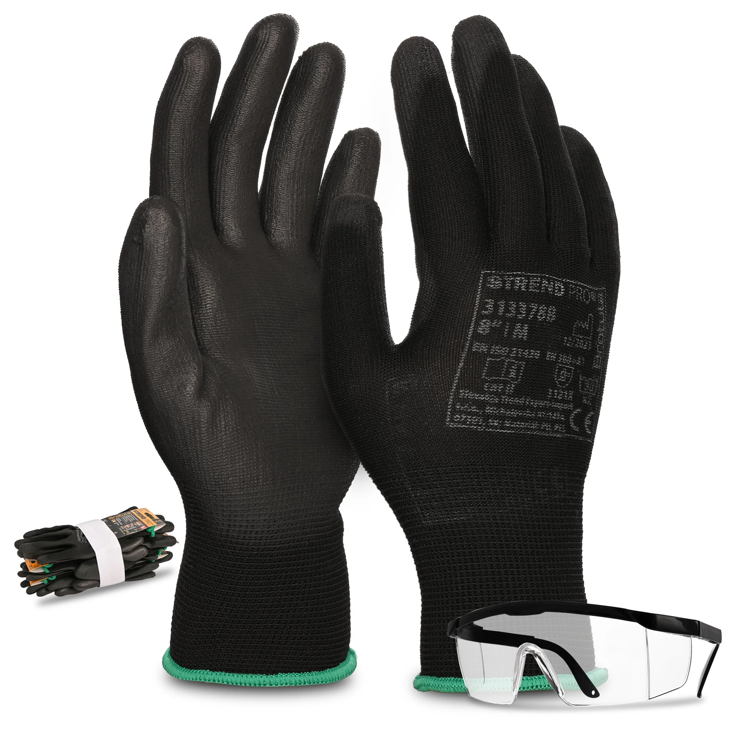 Pair of black work gloves with textured surface, stacked on a reflective surface with a stack of similar gloves nearby, eyeglasses with black frame and transparent lenses, and a pair of safety goggles with black strap and clear lenses.