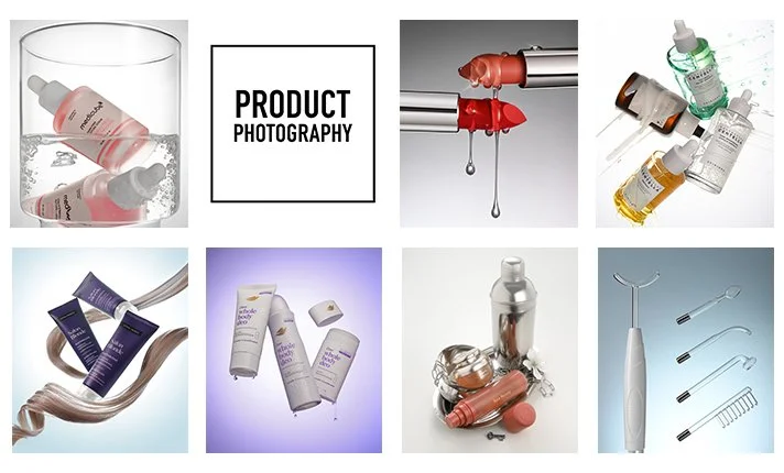 Collection of skincare and cosmetic products including serums, creams, lip gloss, and skincare tools arranged in a grid.