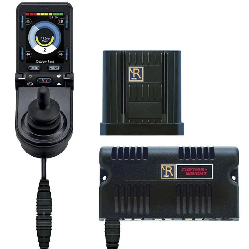 A racing data logger device with a digital display, connected to two external units labeled 'Curtis-Wright' and 'R' for vehicle data collection.
