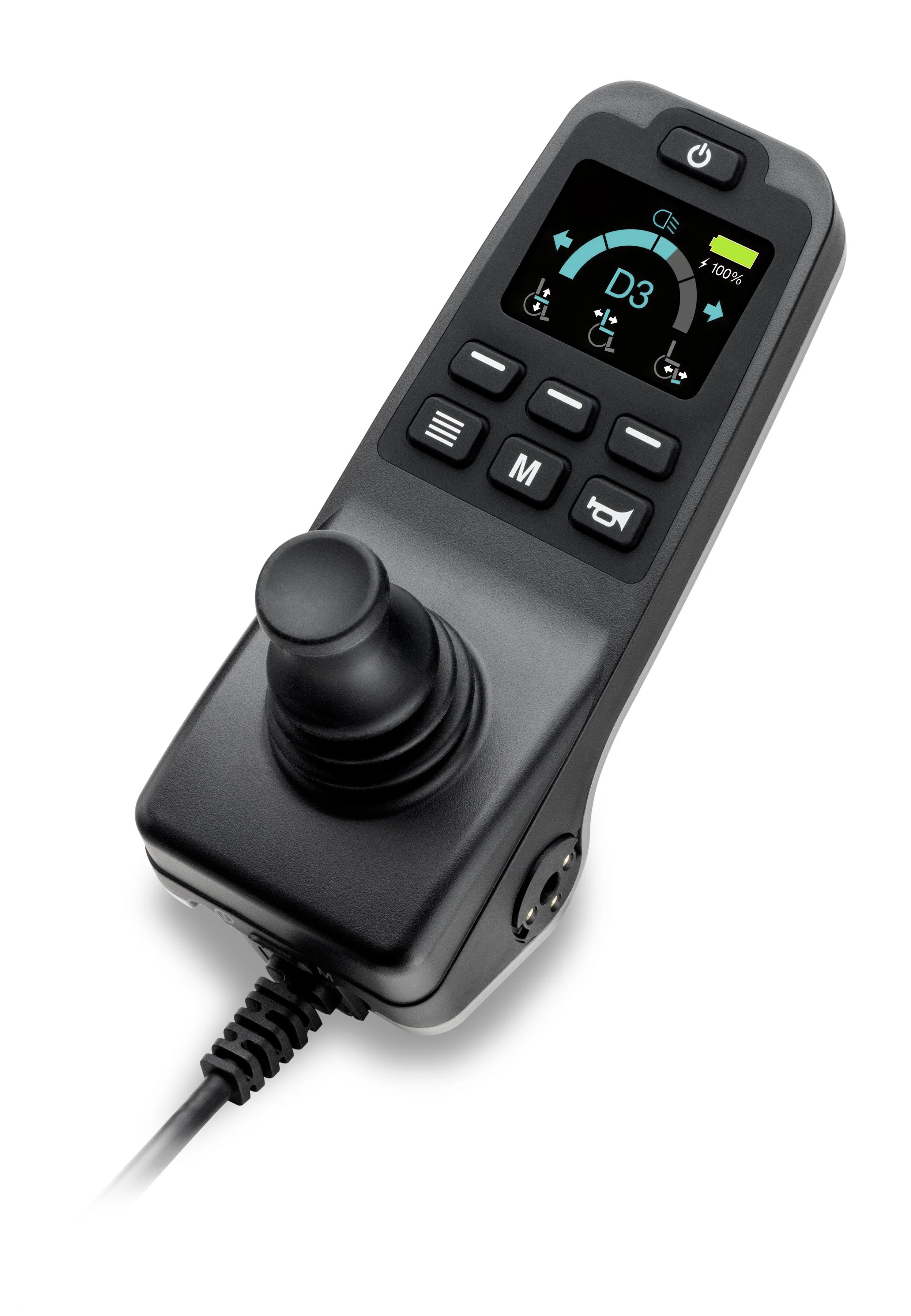 A digital remote control device with a joystick, a display screen showing settings, and various buttons.