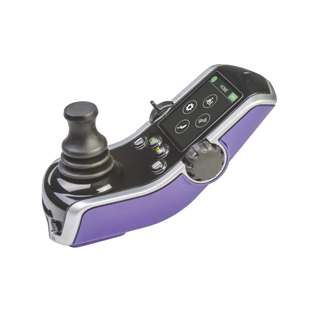 A futuristic, handheld controller with a joystick, multiple buttons, and a small touchscreen display.