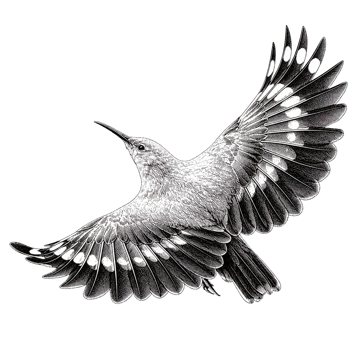 Un dessin en noir et blanc d'un tichodrome échelette volants avec de grandes ailes détaillées.
