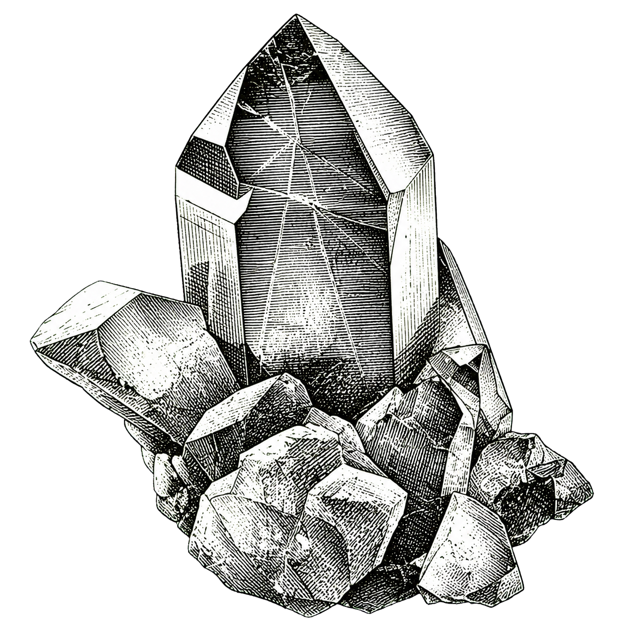 Une illustration en noir et blanc d'un cristal pointu entouré de plusieurs autres cristaux plus petits.