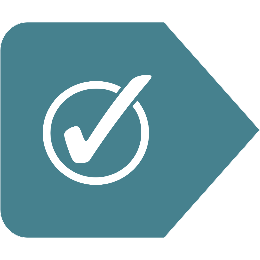 Symbol eines Häkchens in einem Kreis auf einem blaugrauen Hintergrund. Dekoelement.
