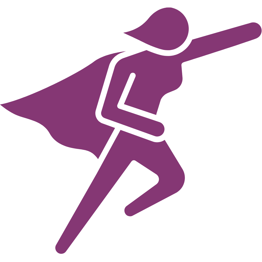 Symbolische Darstellung einer superheroähnlichen Figur in Lila mit Umhang und nach vorne ausgestrecktem Arm.