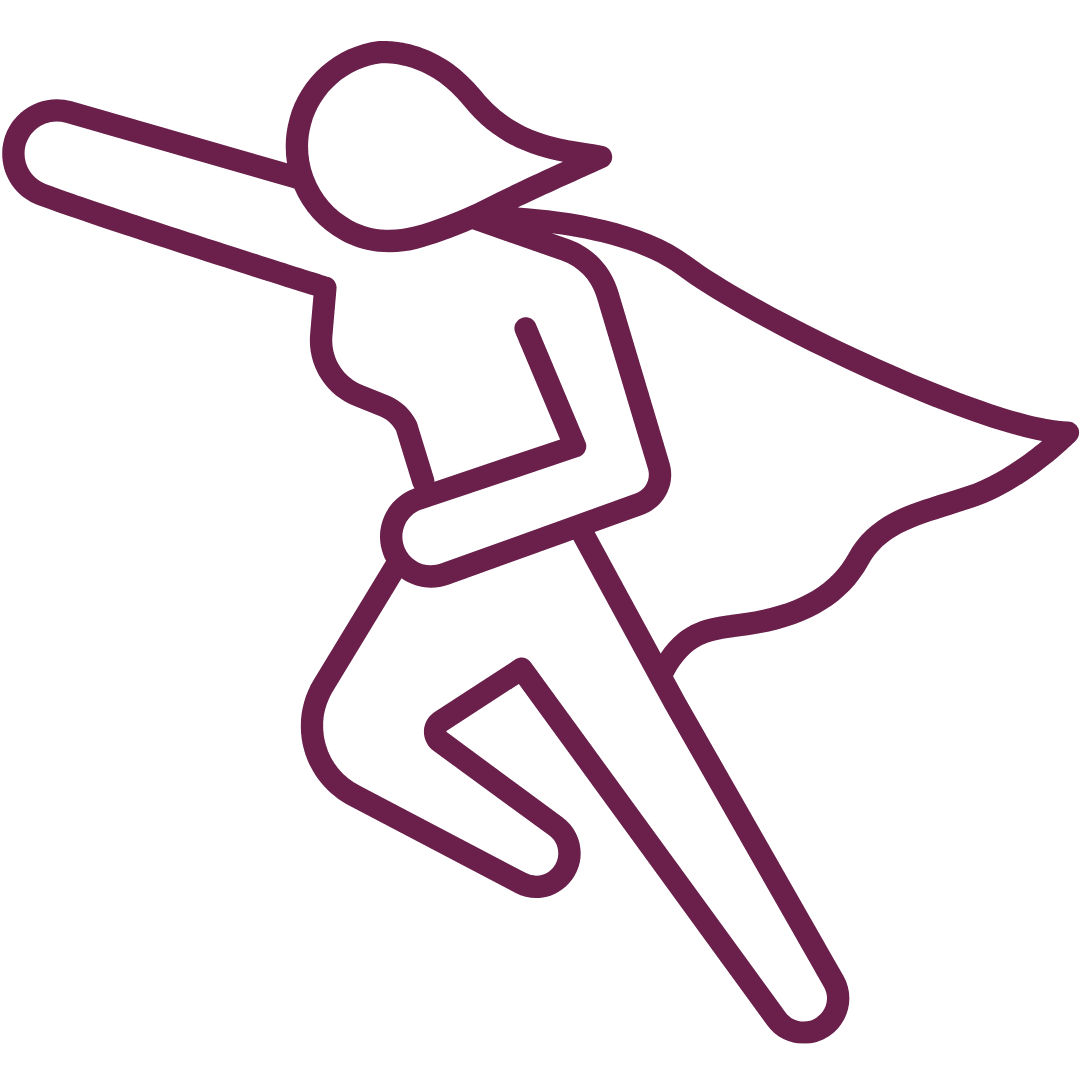 Symbolische Darstellung einer superheroähnlichen Figur mit Umhang und nach vorne ausgestrecktem Arm.