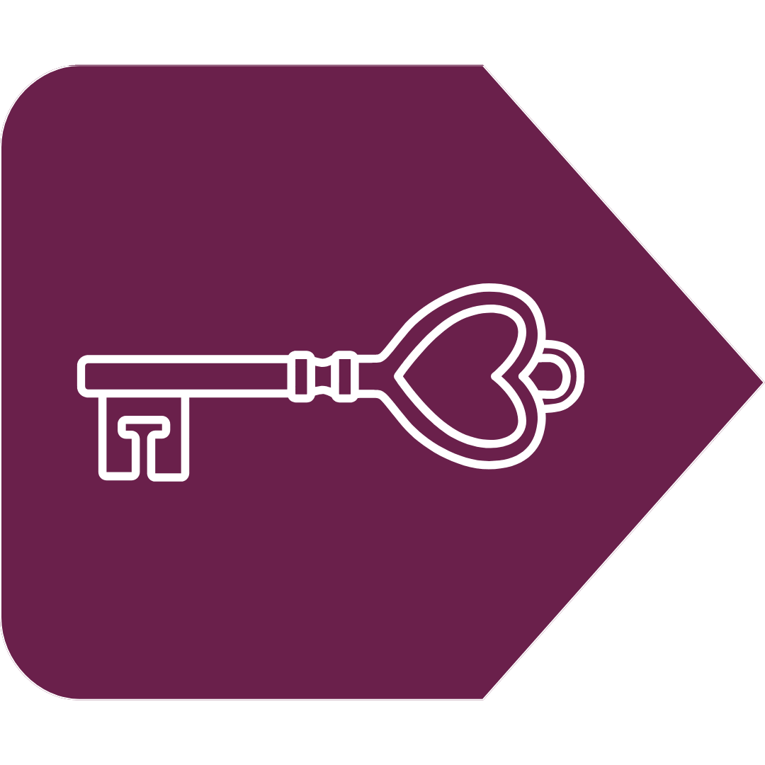 Symbol eines Schlüssels mit einer Herzform an der Spitze auf einem violetten Hintergrund. Dekoelement.