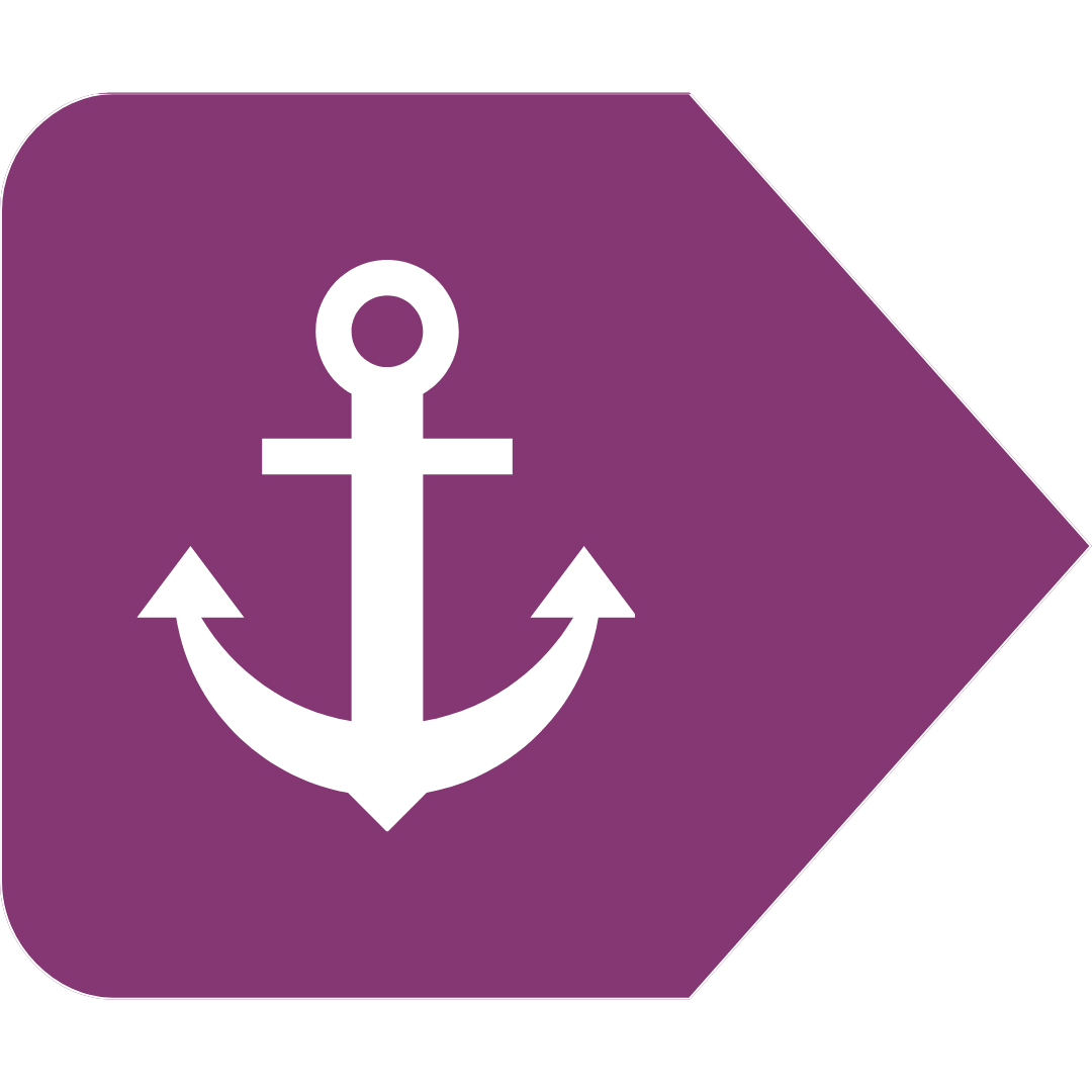 Icon mit einem weißen Anker auf lila Hintergrund. Dekoelement.