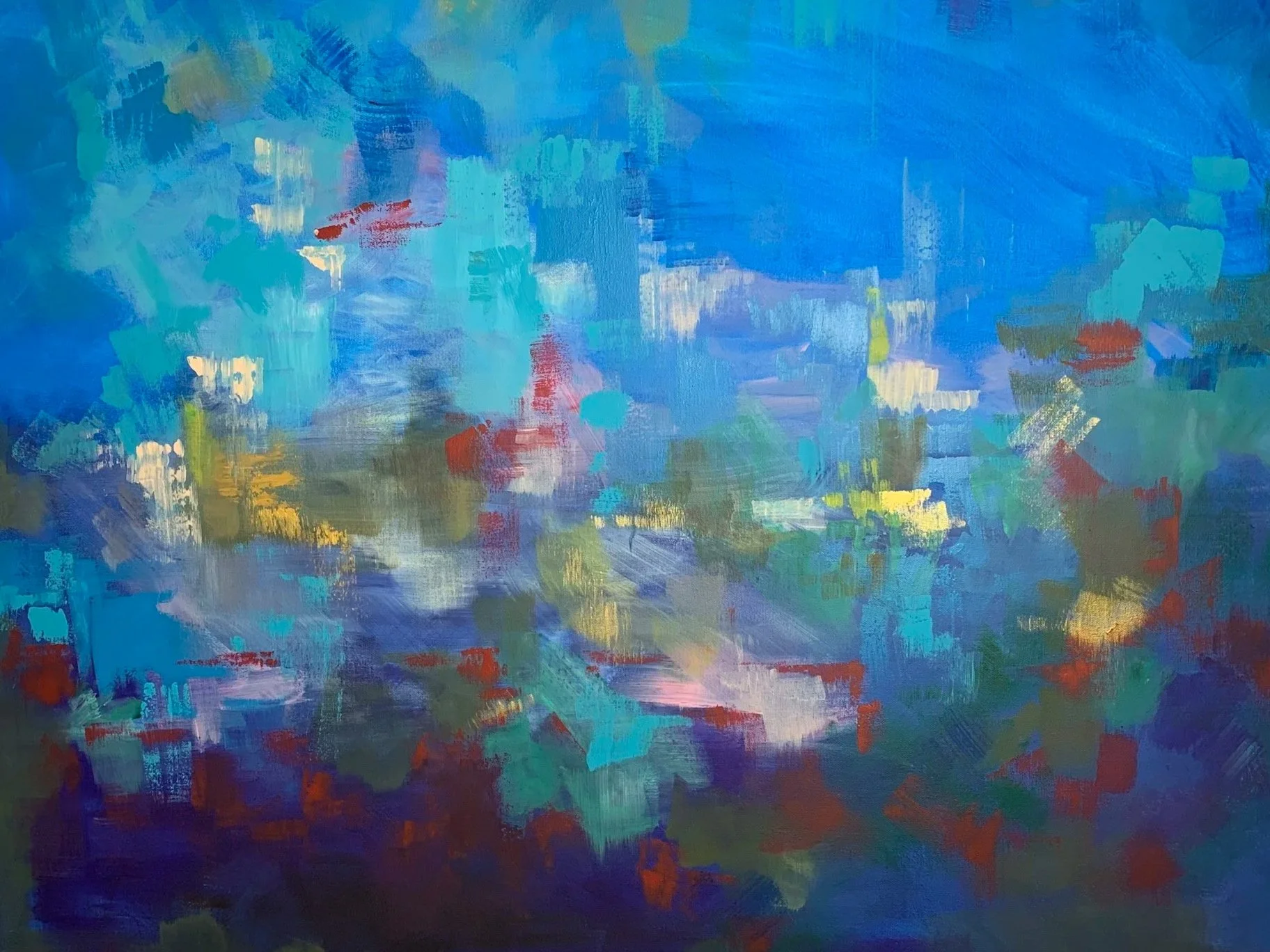 Abstract painting with blue, green, yellow, white, red, and purple brushstrokes.