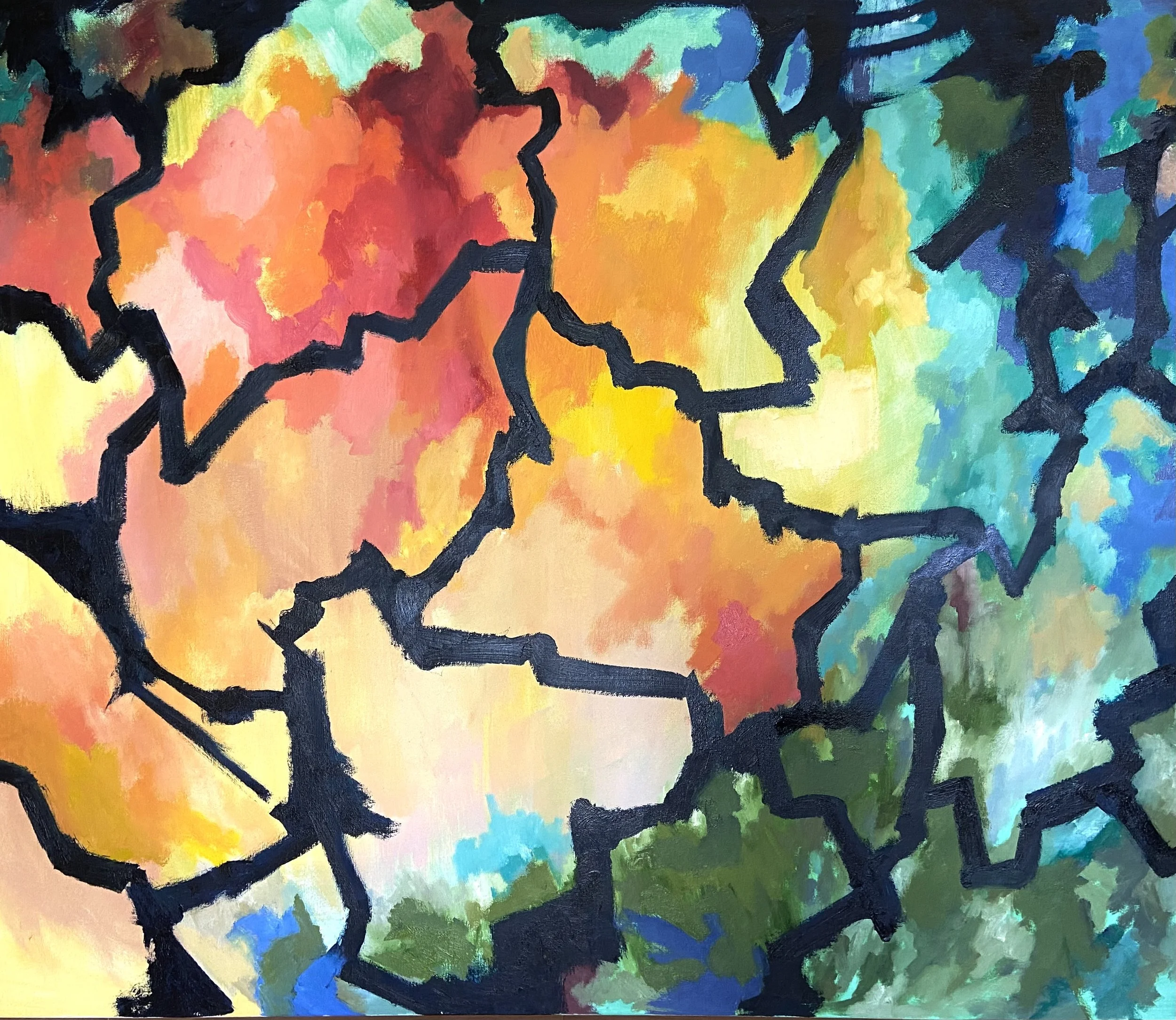 Abstract painting with vibrant colors including red, orange, yellow, green, blue, and black. The painting features thick black lines creating irregular, jagged shapes across the canvas.