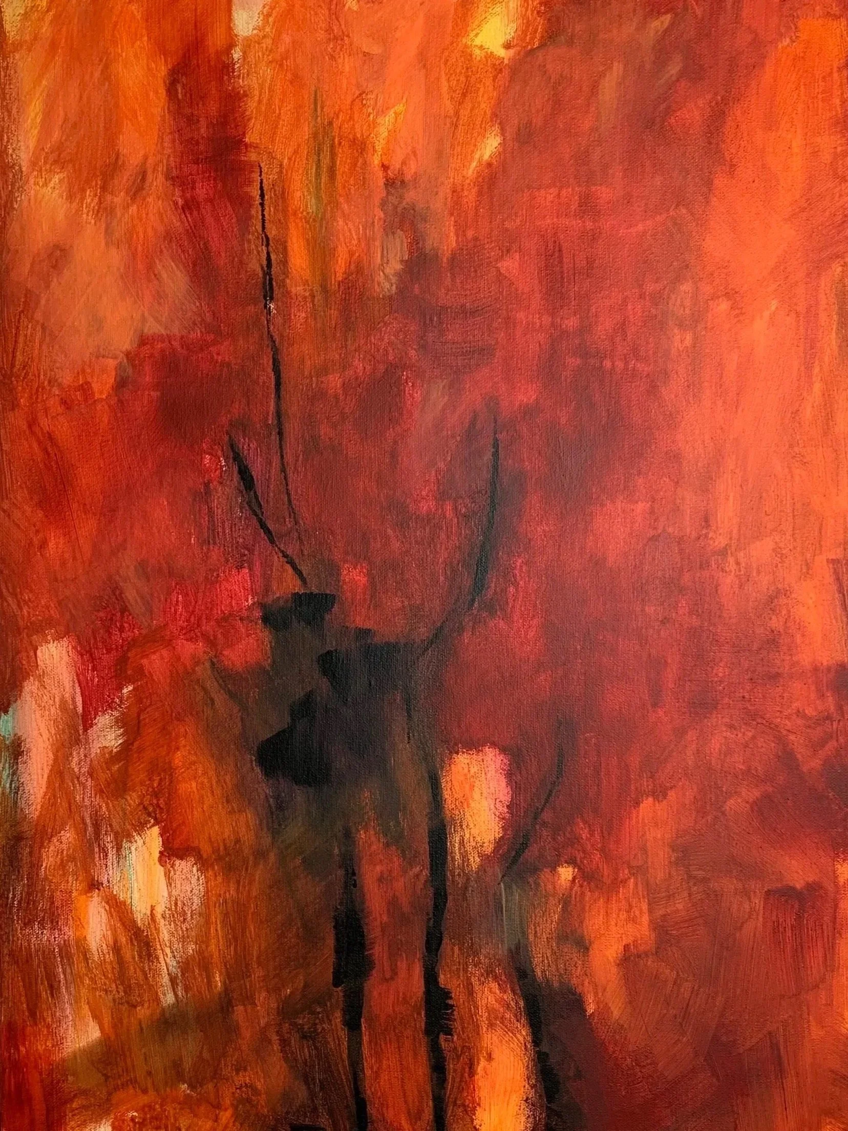 Abstract painting with warm autumn colors, predominantly red, orange, and yellow, featuring dark, expressive brush strokes and a silhouette of a tree.