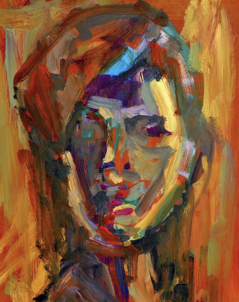 Abstract portrait of a person's face created with bold, colorful brushstrokes, featuring warm tones of orange, red, yellow, and purple.