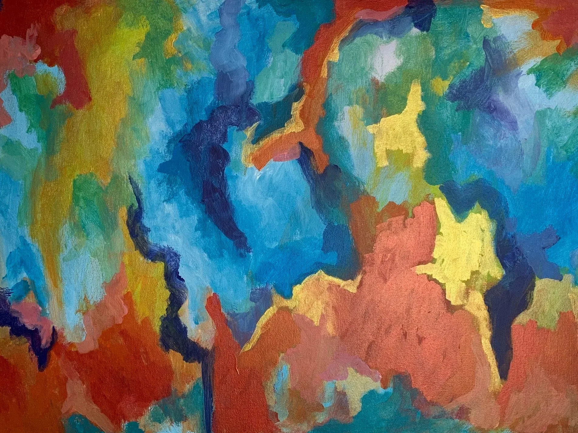Abstract colorful painting with various patches of blue, green, red, yellow, and orange hues blending together.