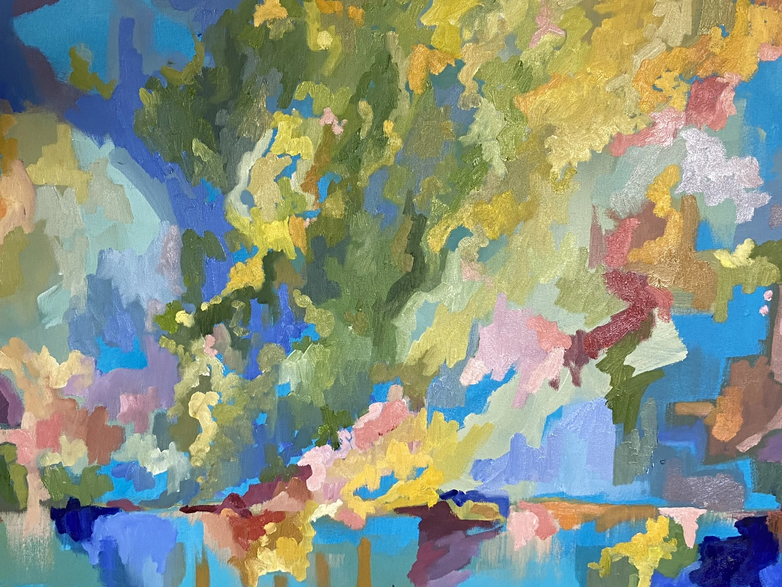 An abstract painting with vibrant colors including blue, green, yellow, pink, and purple, featuring bold brushstrokes and a textured surface.