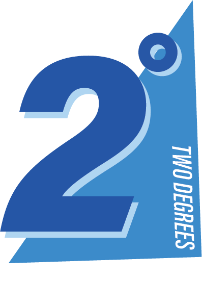 Logo celebrating two years of services with a large blue number 2, a small eye illustration, and the text '2 YEARS' and 'OML DESIGNS'.