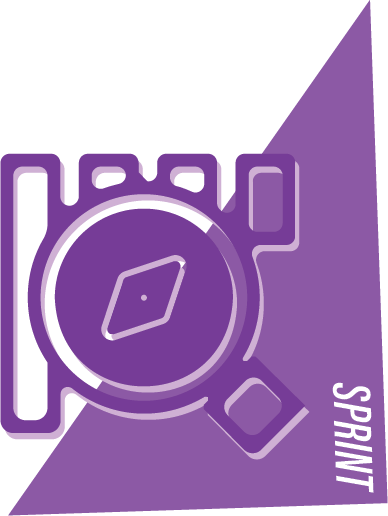 A purple and black graphic with a stylized magnifying glass and the word "SPRINT" in white text.