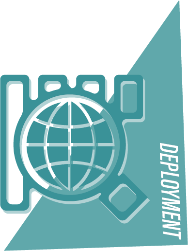 Logo for a deployment service featuring a globe and a location pin.