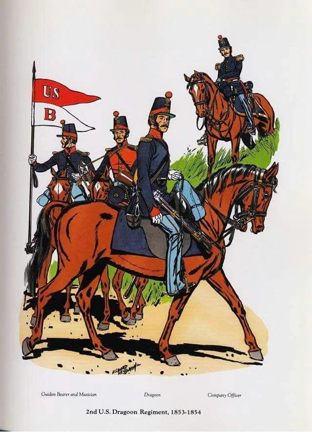An illustration of soldiers from the 2nd U.S. Dragoon Regiment riding horses, with one carrying a flag and others in uniform, from 1853 to 1854.