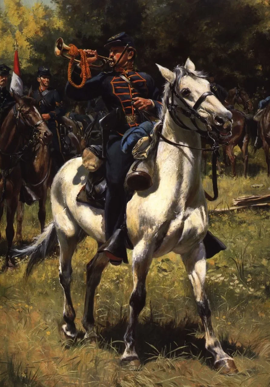 A historical painting of a soldier on horseback playing a trumpet, surrounded by other soldiers on horses in a forested setting.