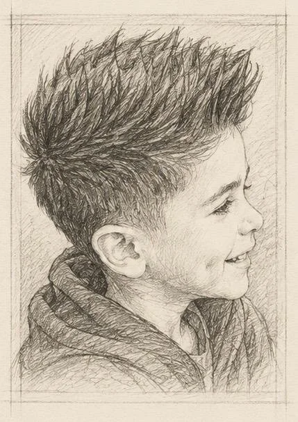 Sketch of a young boy with spiky hair, smiling in profile, wearing a hoodie.
