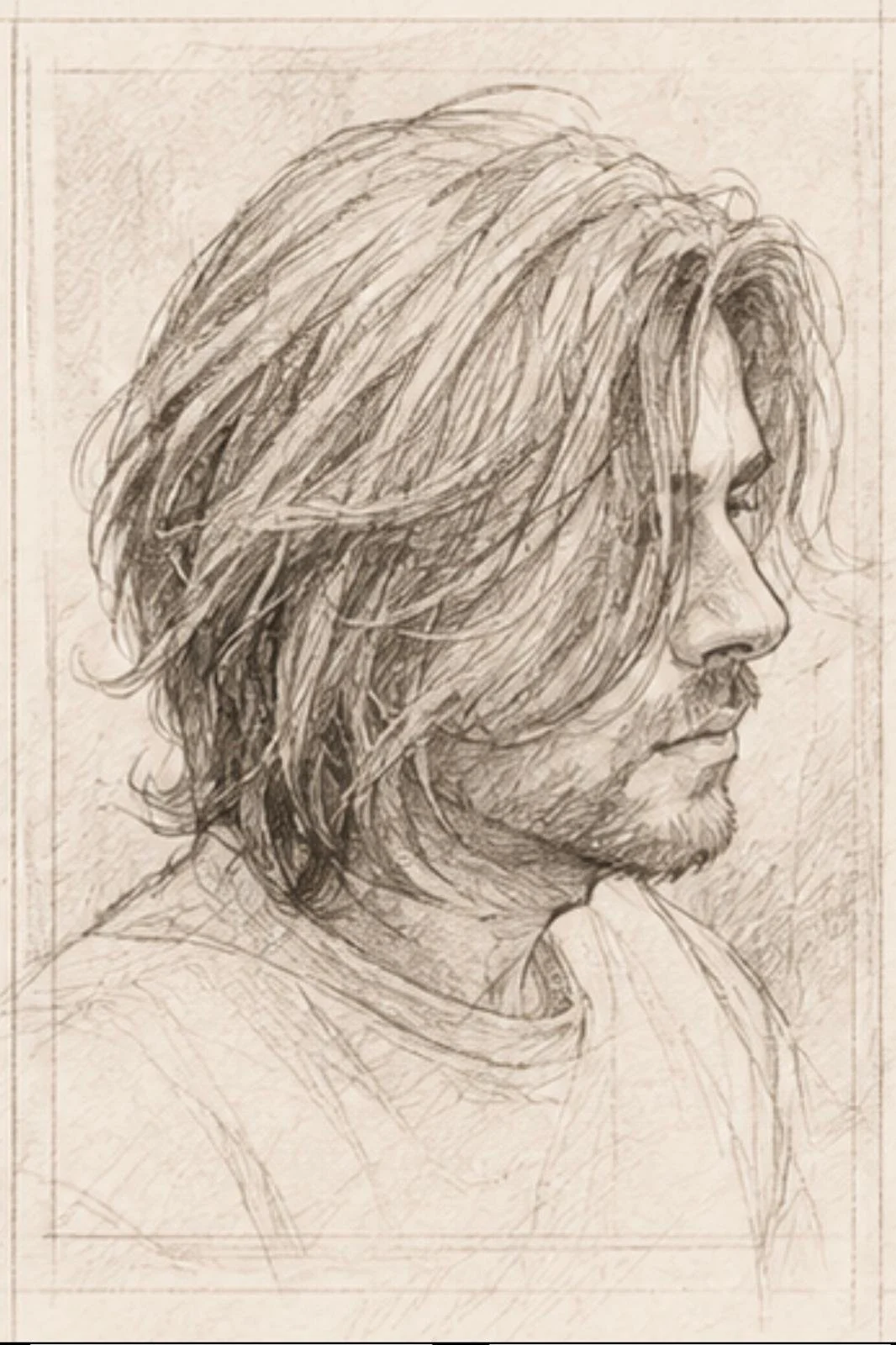 Pencil sketch of a man's profile with long, wavy hair and a beard.