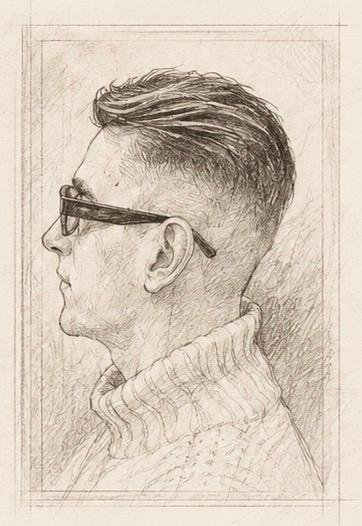 Sketch of a man in profile wearing glasses and a turtleneck sweater.