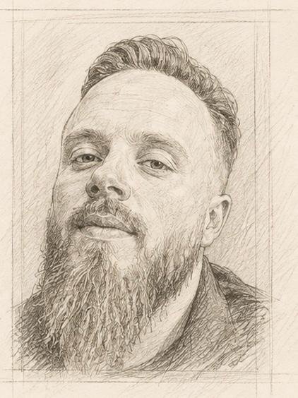 A detailed pencil sketch of a man with a beard and mustache, with short, styled hair, looking slightly to the side.