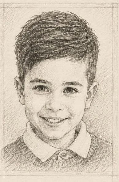 Sketch of a young boy with short hair wearing a collared shirt and sweater, smiling.