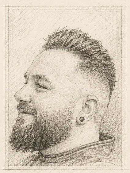 A pencil sketch of a man with a beard, styled hair, a beard, and an ear gauge, smiling in profile.