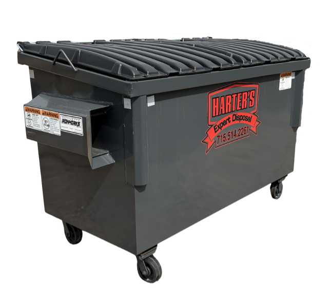 Large black dumpster with a sloped lid and a red and black company logo that says "Harter's Expert Disposal" along with a phone number, on a white background.