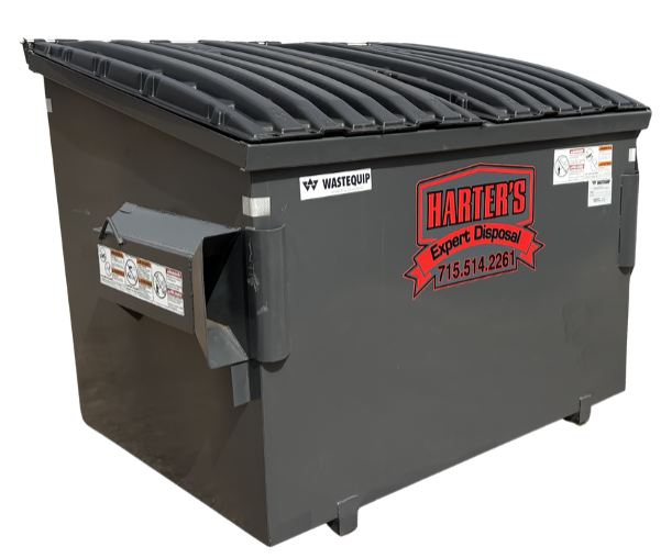 Large black commercial dumpster with sticker labels and a red Harter's Expert Disposal logo on the side.