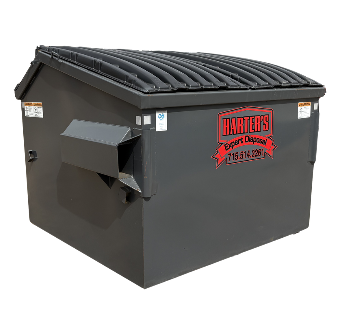 Large gray dumpster with black lid and red and black company logo for Harter's Expert Disposal on the side.
